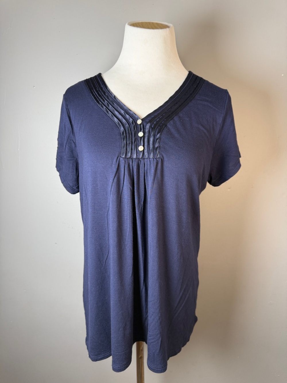 Womens Navy V-Neck Button Front Short Sleeve Top